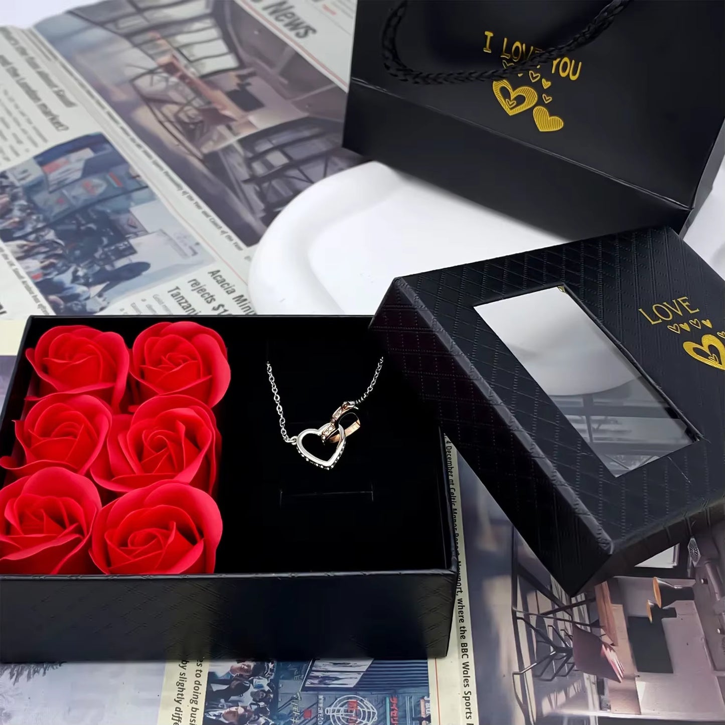 Window Opening Jewelry Box Romantic 6 Rose Pendants Ring Bracelet Valentine'S Day Eternal Flower Jewelry Gift Packaging Box Bag